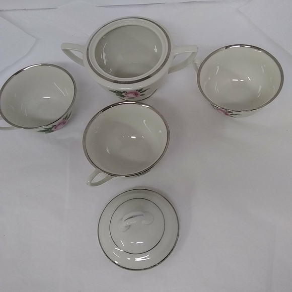 Royal Jackson Fine china 3 Cups 1 Sugar Dish 5pc Pink Rose w/ Silver Trim Patt.. - Picture 2 of 11